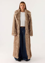 Kamil Faux Fur Maxi Coat - Tan Beige