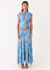 Liana Ruched Maxi Skirt - Aqua Paisley