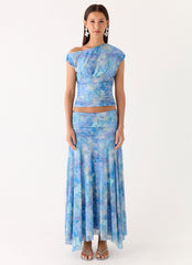 Liana Ruched Maxi Skirt - Aqua Paisley