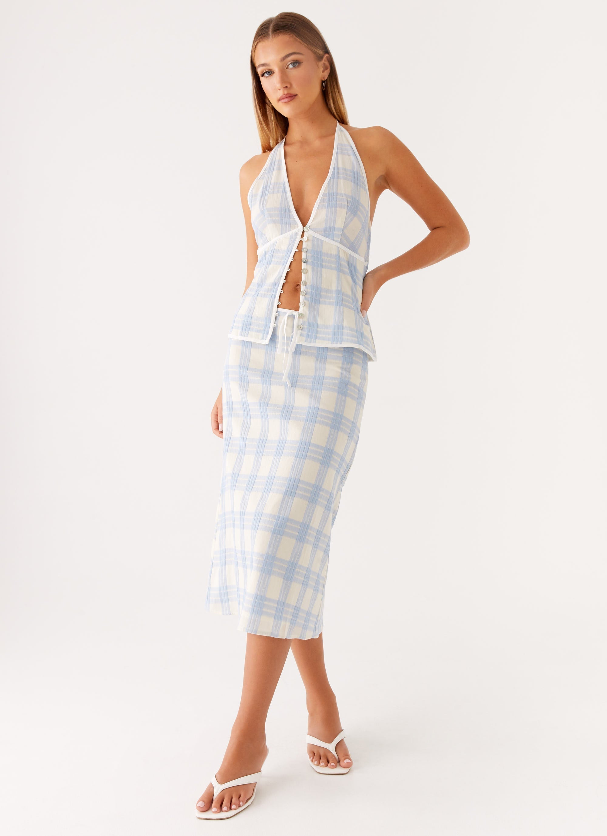 Esther Midi Skirt - Blue Check Seersucker