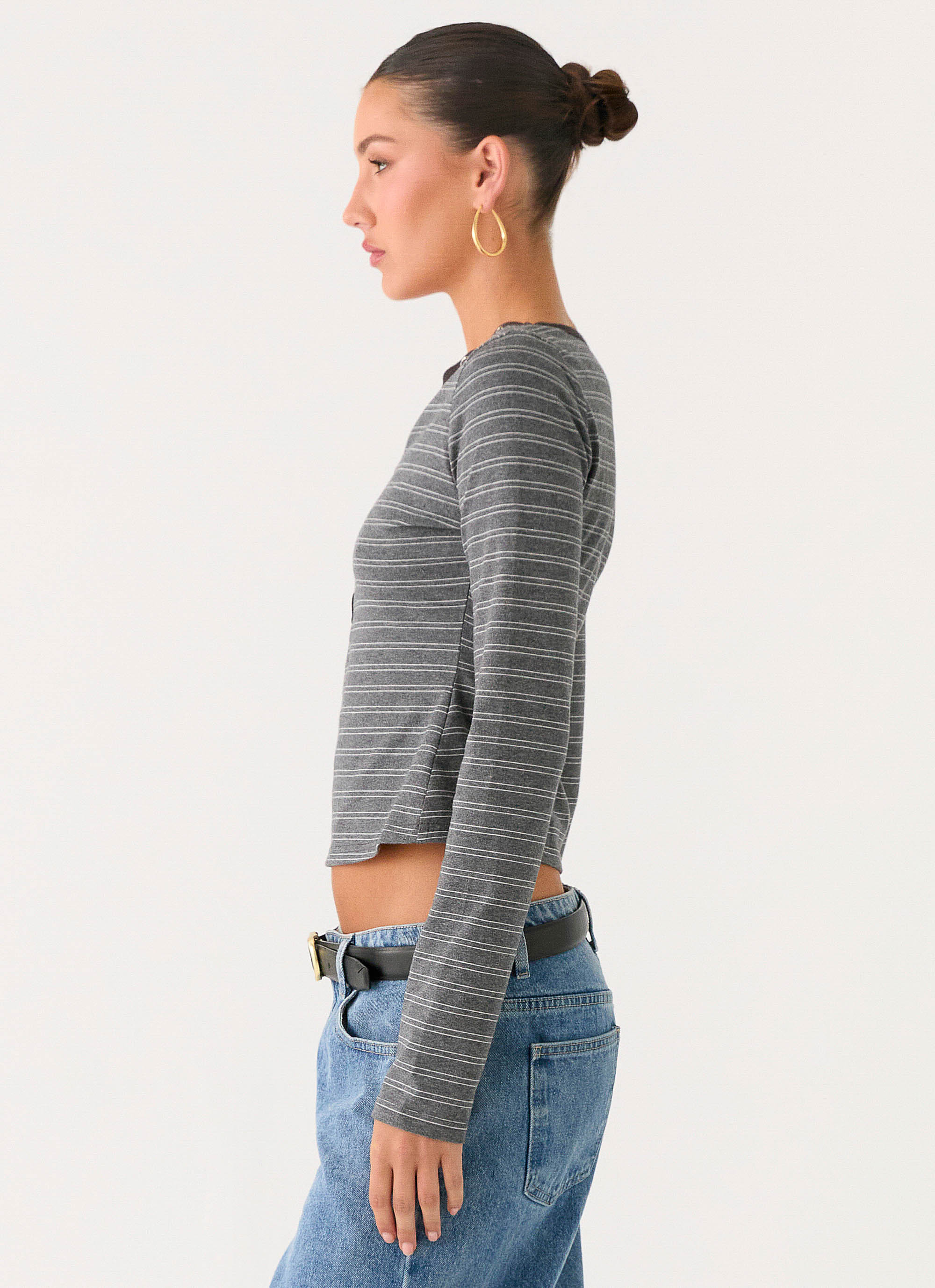 Kaytra Long Sleeve Top - Grey Marle Stripe