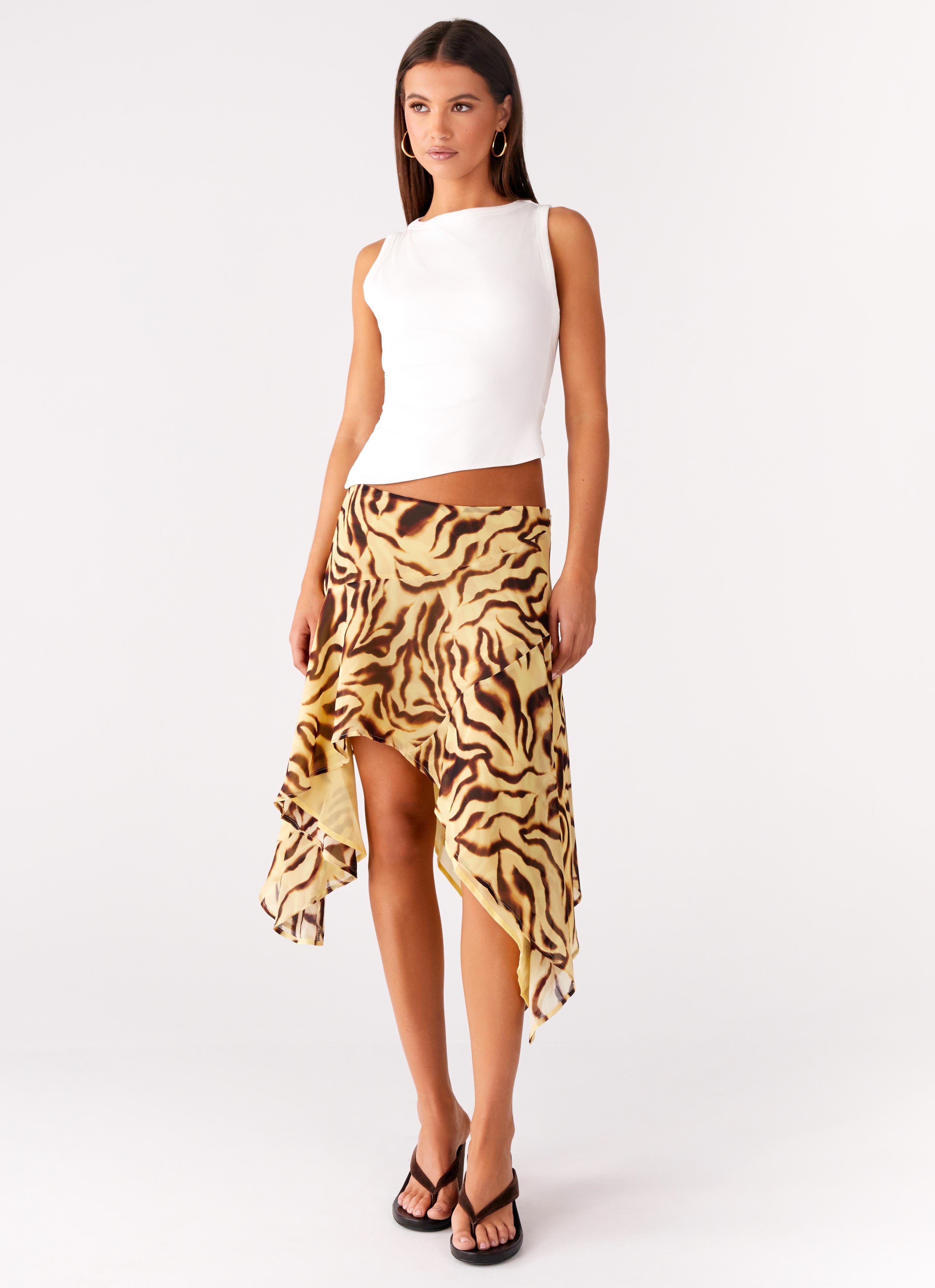 Kia Low Rise Asymmetrical Midi Skirt - Laguna Print