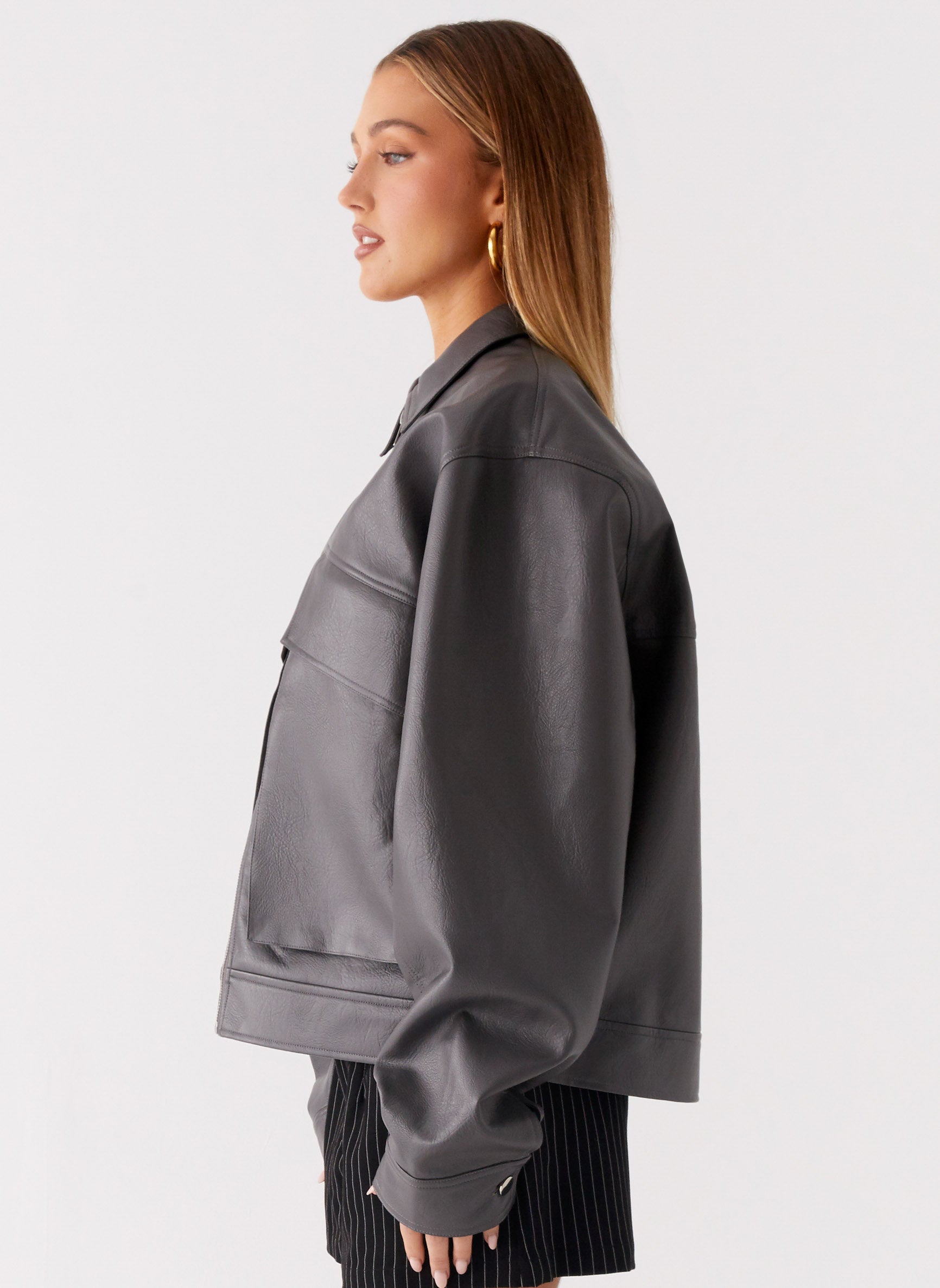 Lula Faux Leather Bomber Jacket - Charcoal