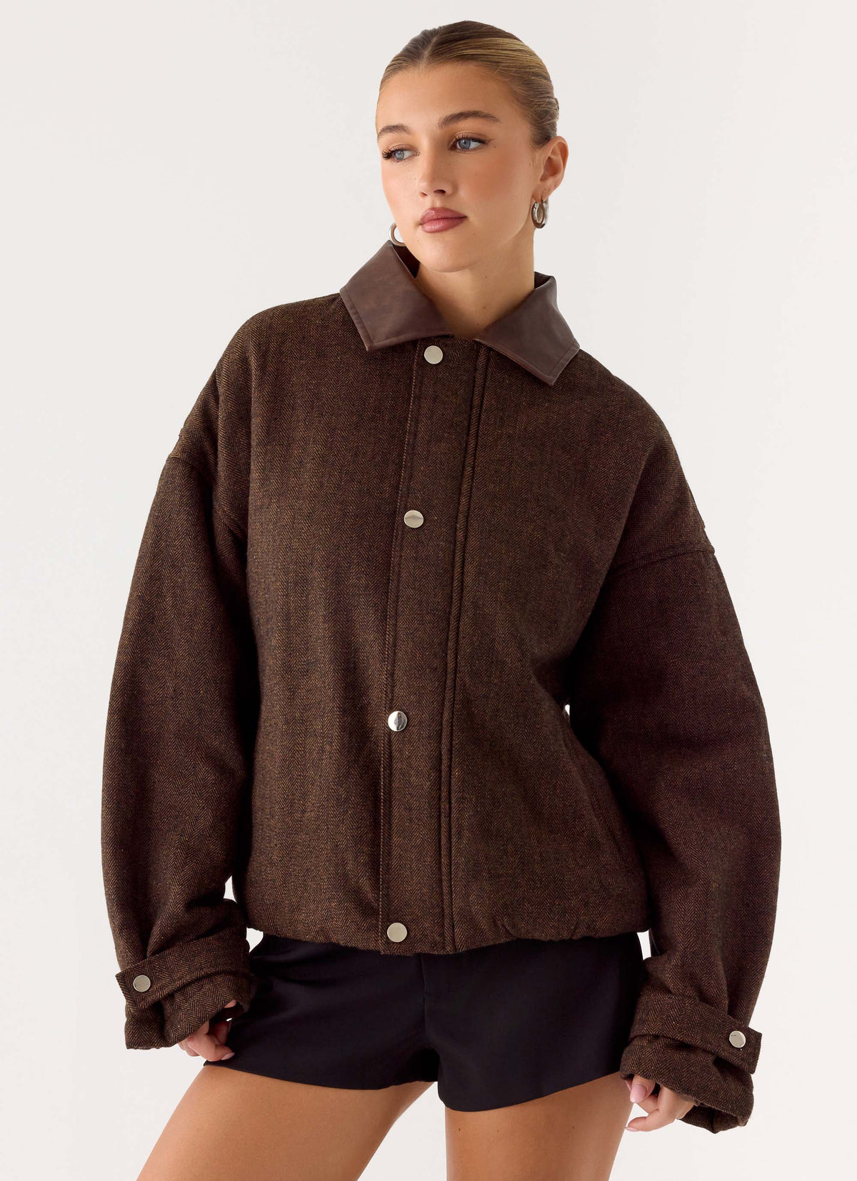 Myles Herringbone Bomber Jacket - Chocolate Herringbone