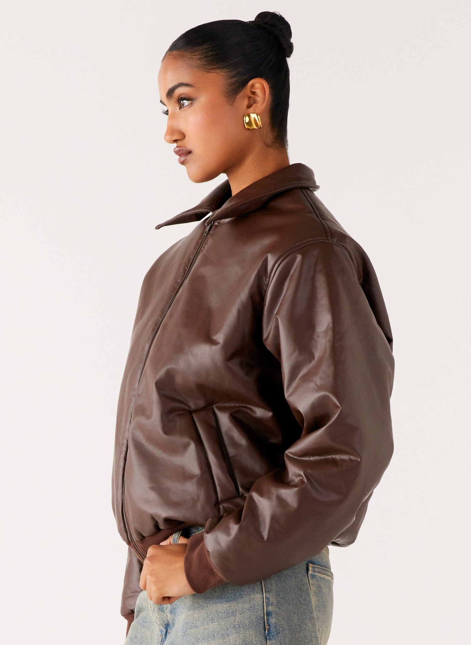 Outlands Faux Leather Bomber Jacket - Chocolate